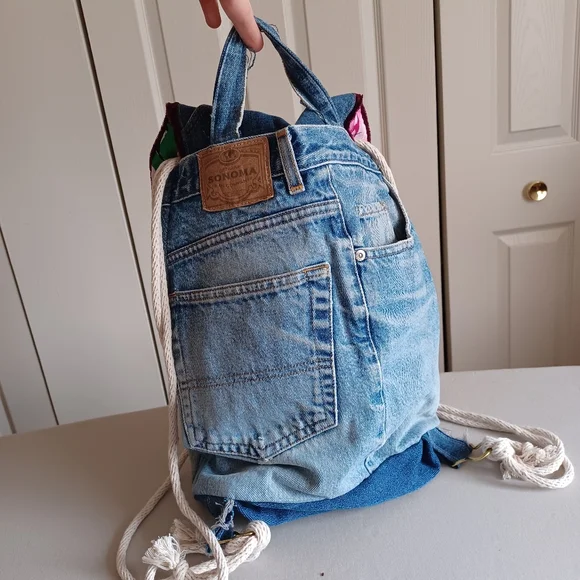 Handmade Original Design Upcycled Jeans Denim Drawstring Backpack Floral Lining - Picture 2 of 14